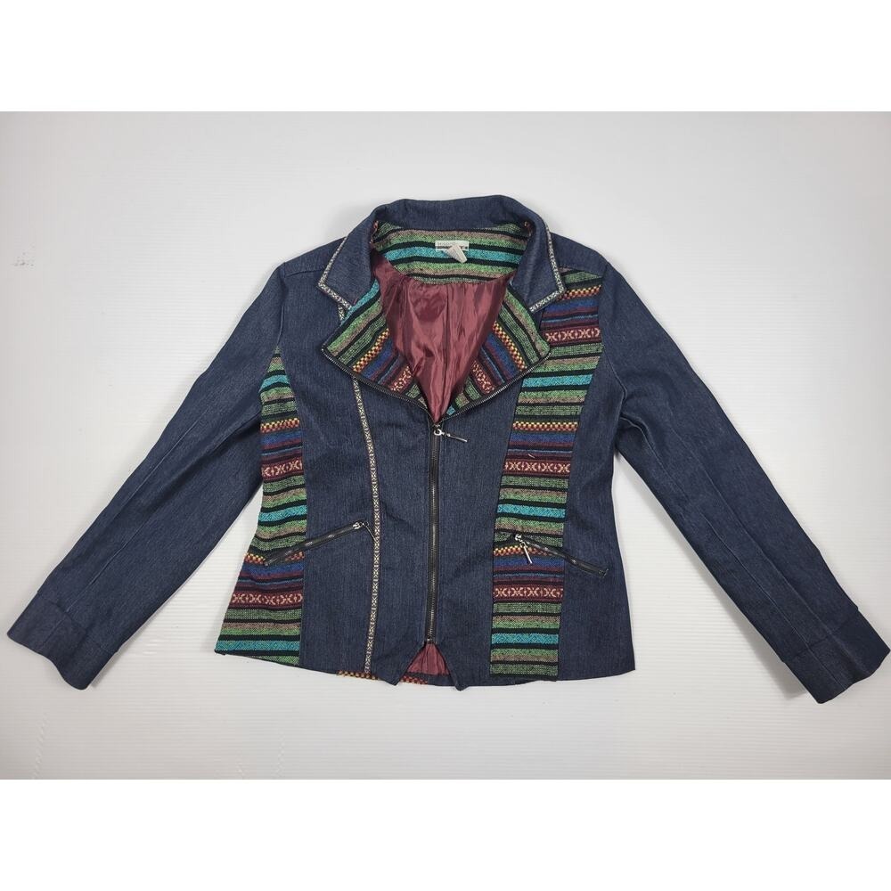 Vintage Mirror Image Aztec Blue Denim Multicolor Womens Large Full Zip Jacket